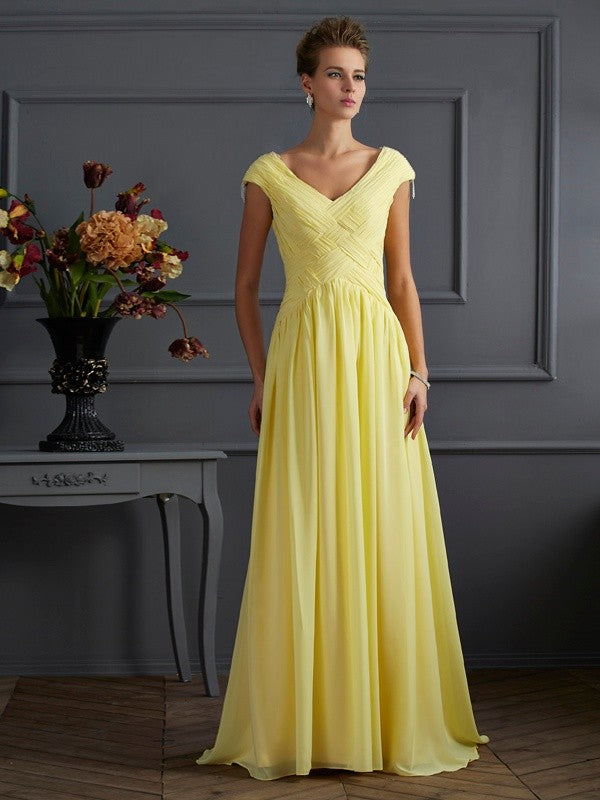 Vestidos largos de gasa con pliegues, mangas cortas, escote en V y corte princesa